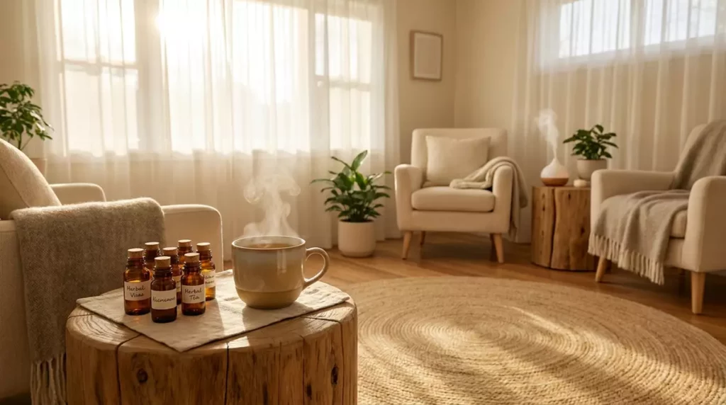 Preparaty homeopatyczne na drewnianym stole w jasnym, relaksującym gabinecie terapeutycznym