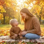 Uśmiechnięta matka z dzieckiem w jesiennym parku, cieszący się zdrowiem i silną odpornością