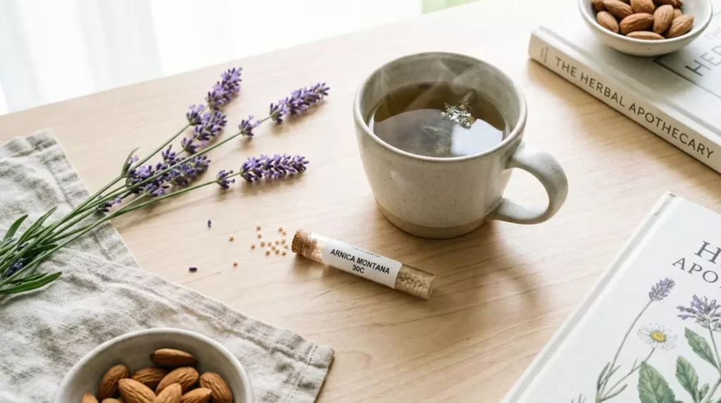 Kompozycja naturalnych sposobów na ból głowy z lawendą i lekami homeopatycznymi
