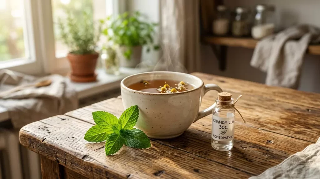 Ziołowa herbata, świeża mięta i leki homeopatyczne na drewnianym stole