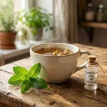 Ziołowa herbata, świeża mięta i leki homeopatyczne na drewnianym stole